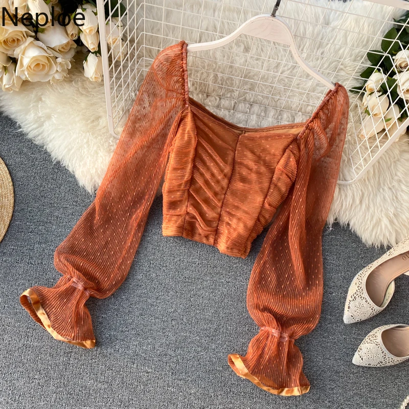 Женская блузка с квадратным вырезом Neploe облегающая однотонная длинными рукавами