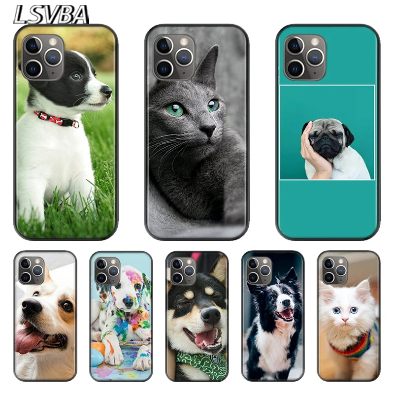 

Cute Pet Cats And Dog For Apple iPhone 12 11 XS Pro Max Mini XR X 8 7 6 6S Plus 5 SE 2020 Black Silicone soft Cover Phone Case