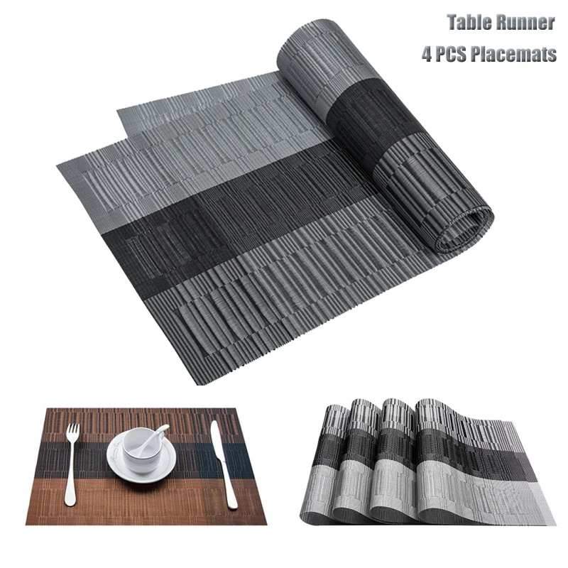 

Grey Black Table Runner for Dining Table Non-slip Pad Waterproof Mat PVC Table Runners Set of 4 Placemats Table Decor 30x180cm