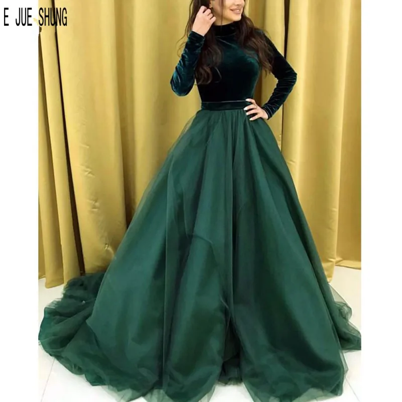 

E JUE SHUNG Vintage Evening Dresses High Neck Long Sleeve Zipper Back Green Velvet Prom Gowns Formal Dresses vestidos de fiesta