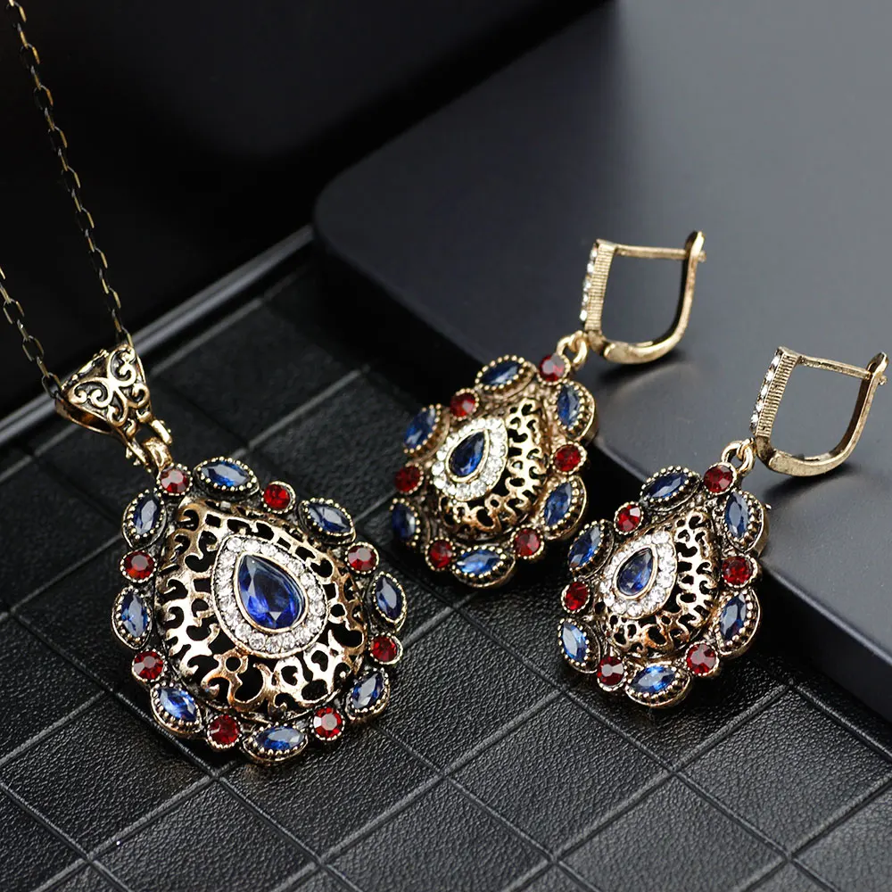 FA1264blue Серый Кристалл 2 шт. комплект ювелирных изделий турецкий античный золотой цвет выдалбливают цветочные серьги и ожерелье для женщин принцесса крючки Свадебные ювелирные изделия - Окраска металла: FA1264blue