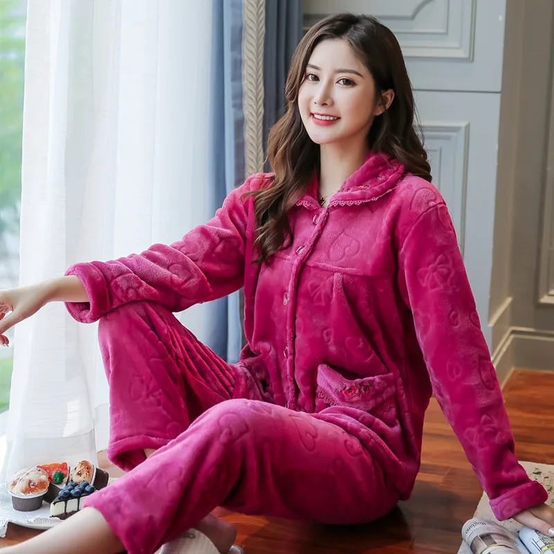 

Женский пижамный комплект, фланелевая одежда для сна, плотная теплая зимняя Домашняя одежда, кардиган с лацканами и карманами, повседневная...