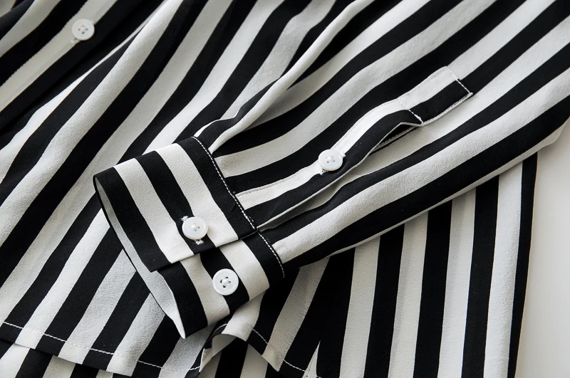 

100% mulberry silk shirt, woman pure silk blouse, black and white stripes girl CDC silk shirts, full size lady bow shirts women