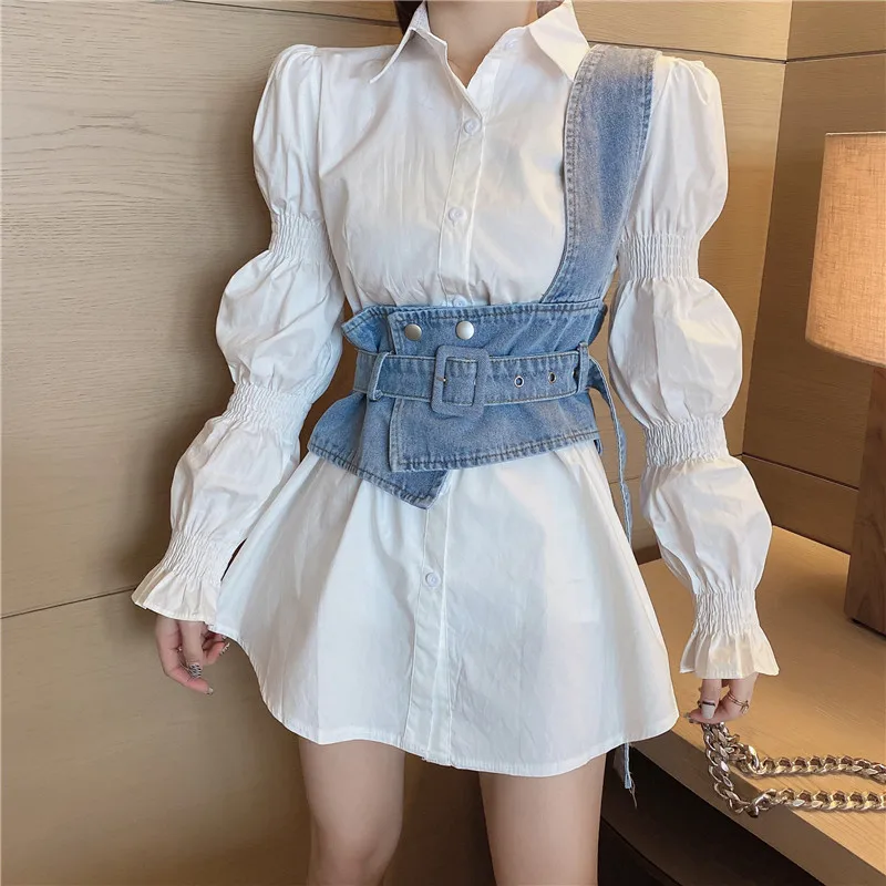 Женское короткое платье с пышными рукавами белое однобортное платье-рубашка