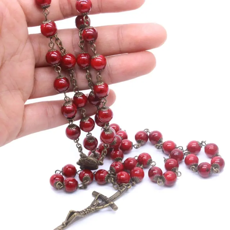 

449C Handmade Round Bead Cross Crucifix Rosary Religious Jesus Necklace Christian Women Jewelry