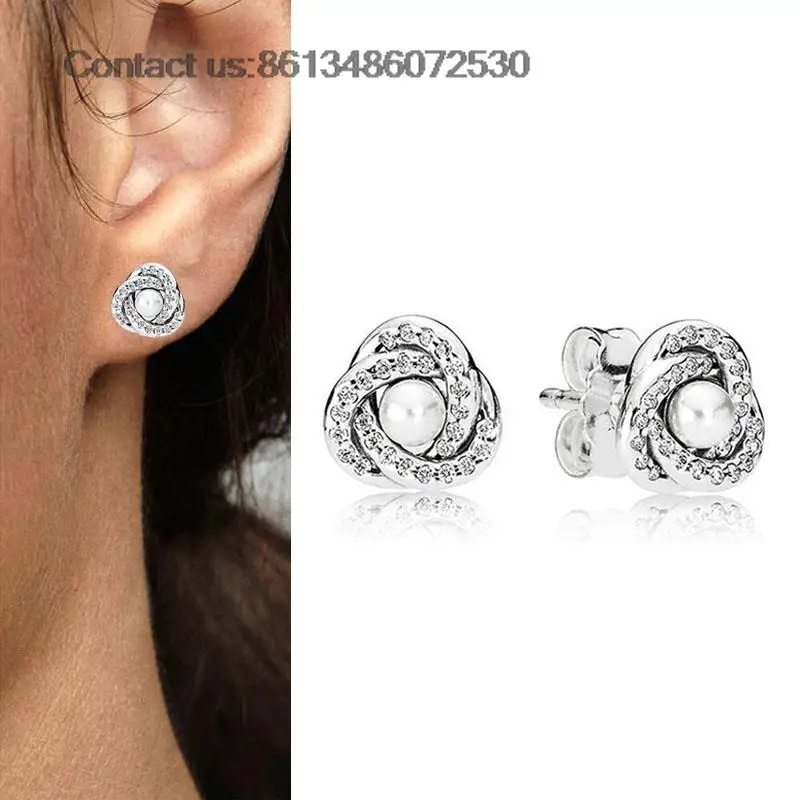 

New 925 Silver Interlinked Circles With Pearl Earrings Fit Original Brand Diy Fine Jewelry Women Gift For Fine Earring Making