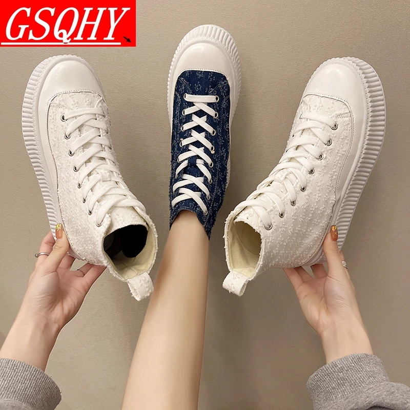 

2021 autumn new women's high-top sneakers blue breathable platform shoes canvas shoes women's shoes lace-up mesh shoes Feminino