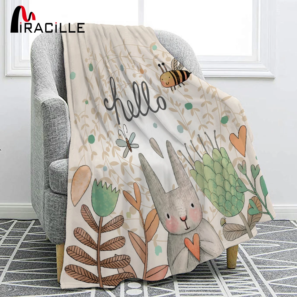 

Miracille Cute Rabbit Printing Flannel Blanket for Kindergarten Cartoon Animal Throw Blankets On Bed Sofa Bedding