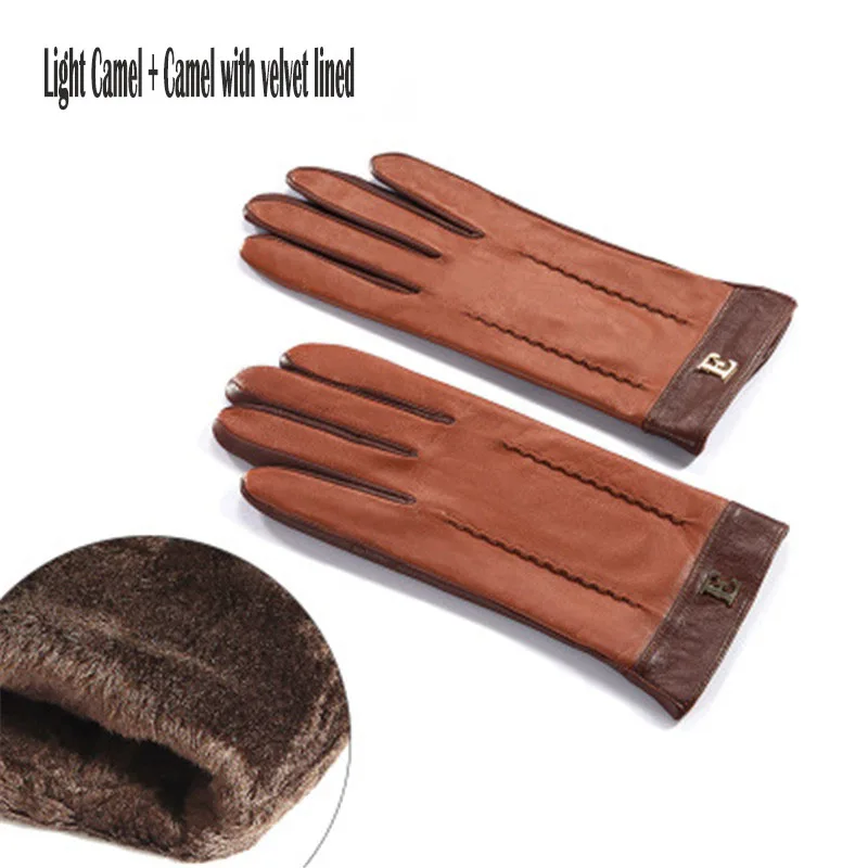 light camel velvet Женские перчатки из натуральной кожи; сезон осень-зима; теплые плюшевые модные Лоскутные женские перчатки из овечьей кожи; ; TE3326 - Цвет: light camel velvet