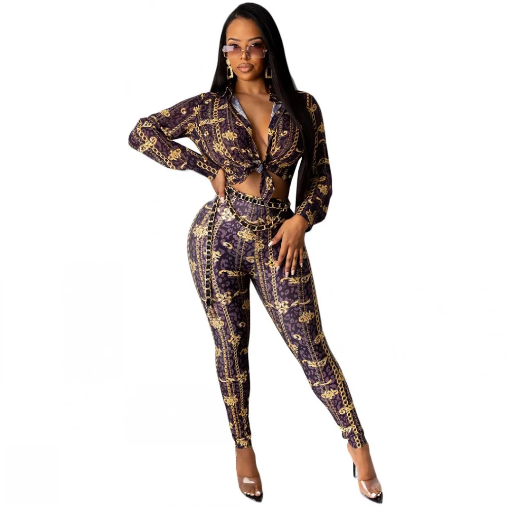 

2 Pieces Set Sexy Spring Autumn Fashion Women Sets Female Tops Floral Print Long Sleeve Shirt Elastic Waist Pants Outfits 2021