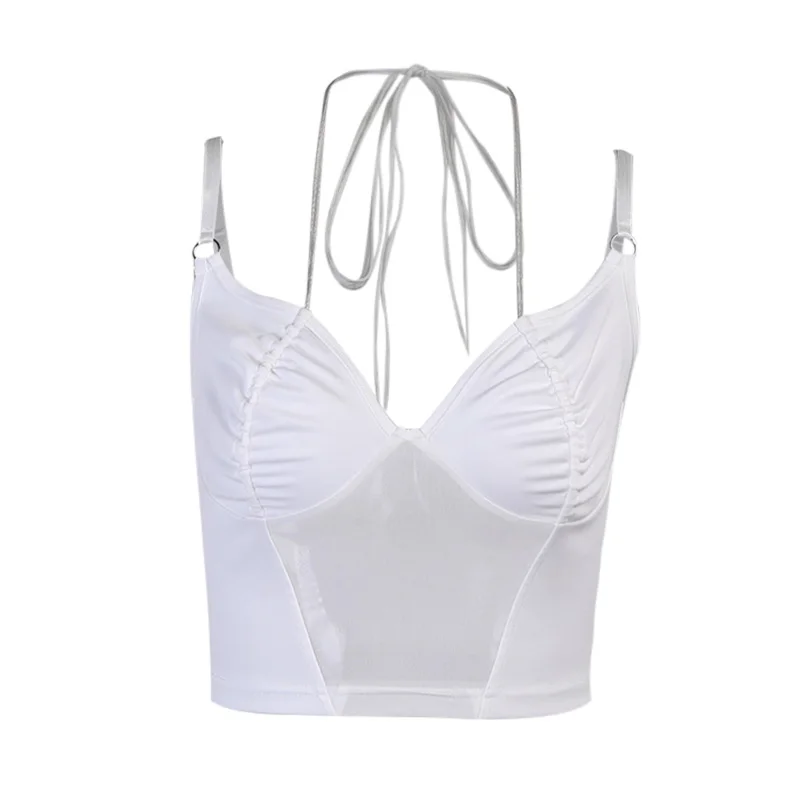 Женский укороченный топ InstaHot летний прозрачный с лямкой на шее и v образным