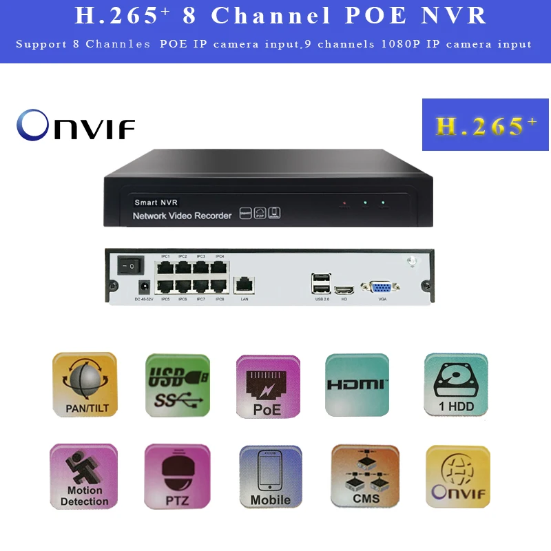 Видеорегистратор POE NVR1080P 8 каналов Поддержка P2P H.265 H.264 VGA + 1HDMI onvif IP камера
