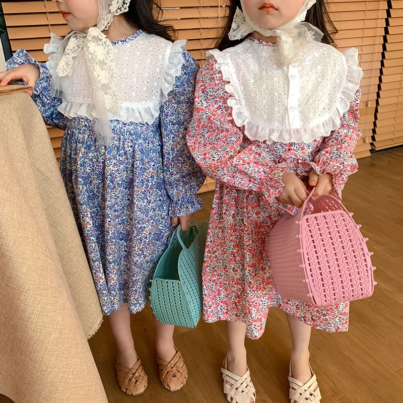 

2021 Autumn New Kids Sweet Floral Dress For Girls Baby Pastoral Style Lace Long-Sleeved Princess Dress
