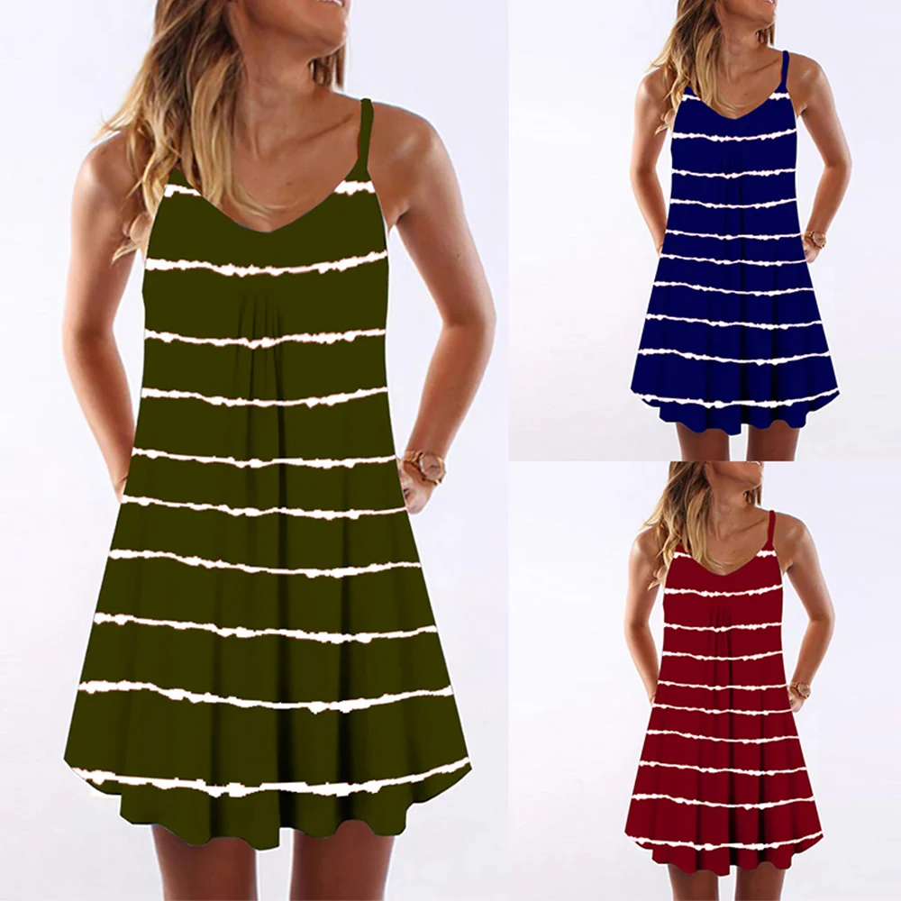 

Women Summer Elegant Vintage Causal V Neck Loose Beach Party Sling Dresses Stripe Print Sleeveless Dress