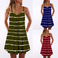 women summer elegant vintage causal v neck loose beach party sling dresses stripe print sleeveless dress
