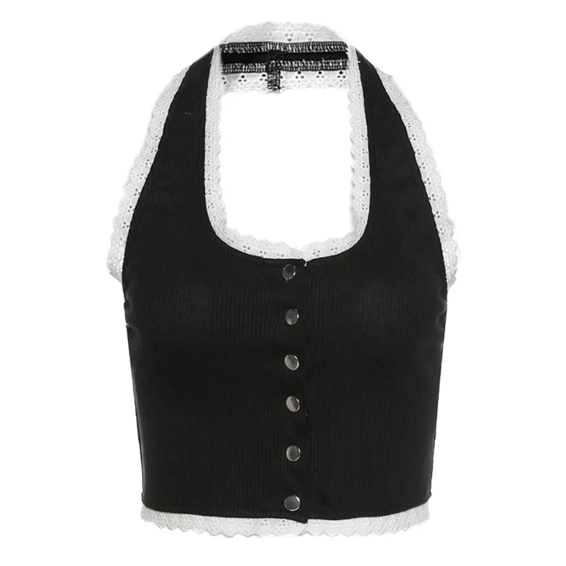 

Women Summer Sexy Halter Button Down Crop Top Sweet Lace Trim Patchwork Slim Camisole Ribbed Knit Solid Color Vest Shirt