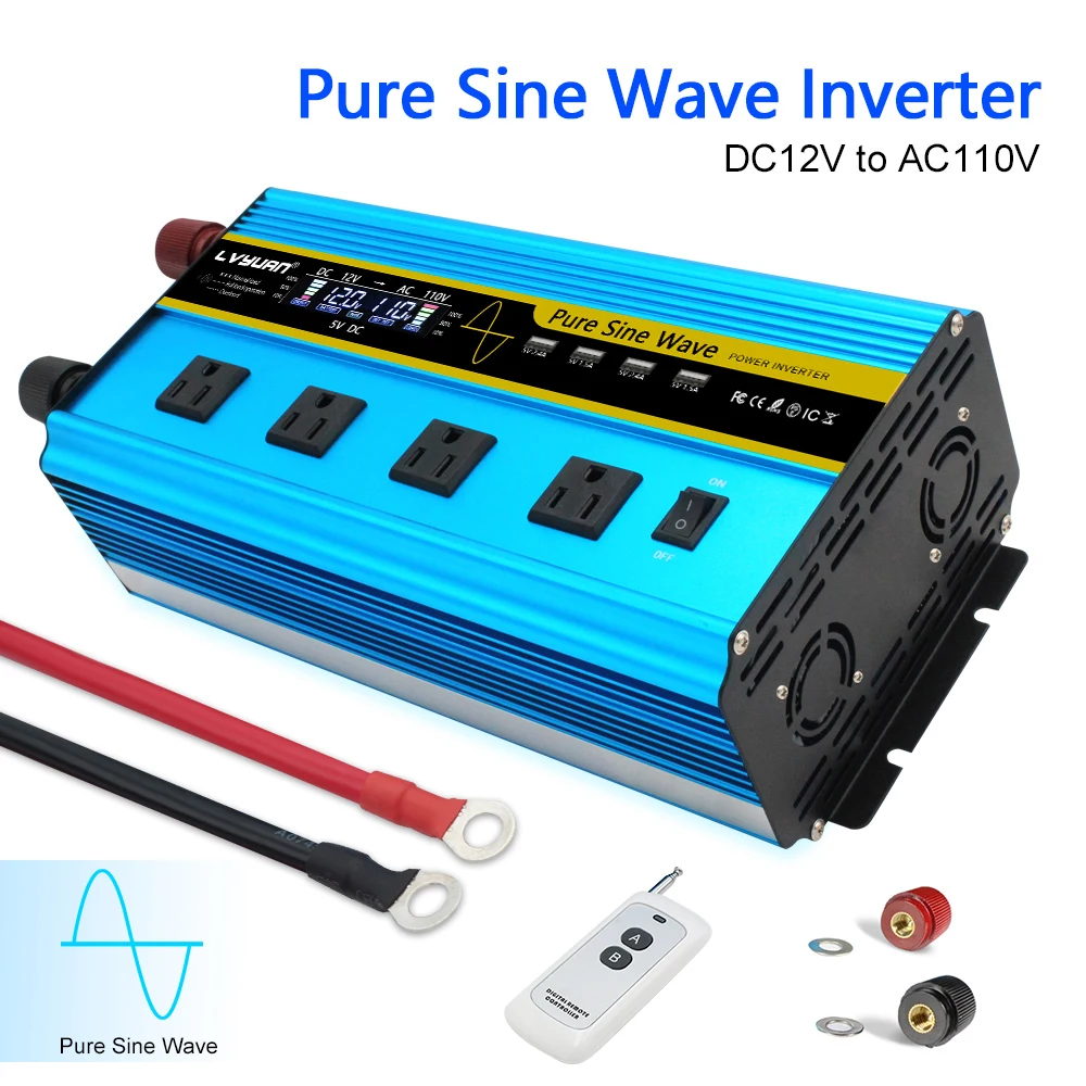 

12V DC To 110V AC 50Hz/60Hz 4000W 6000W Peak Blue Pure Sine Air-cooled Car Inverter US Plug 4USB 5V 2.4A With Remote Control