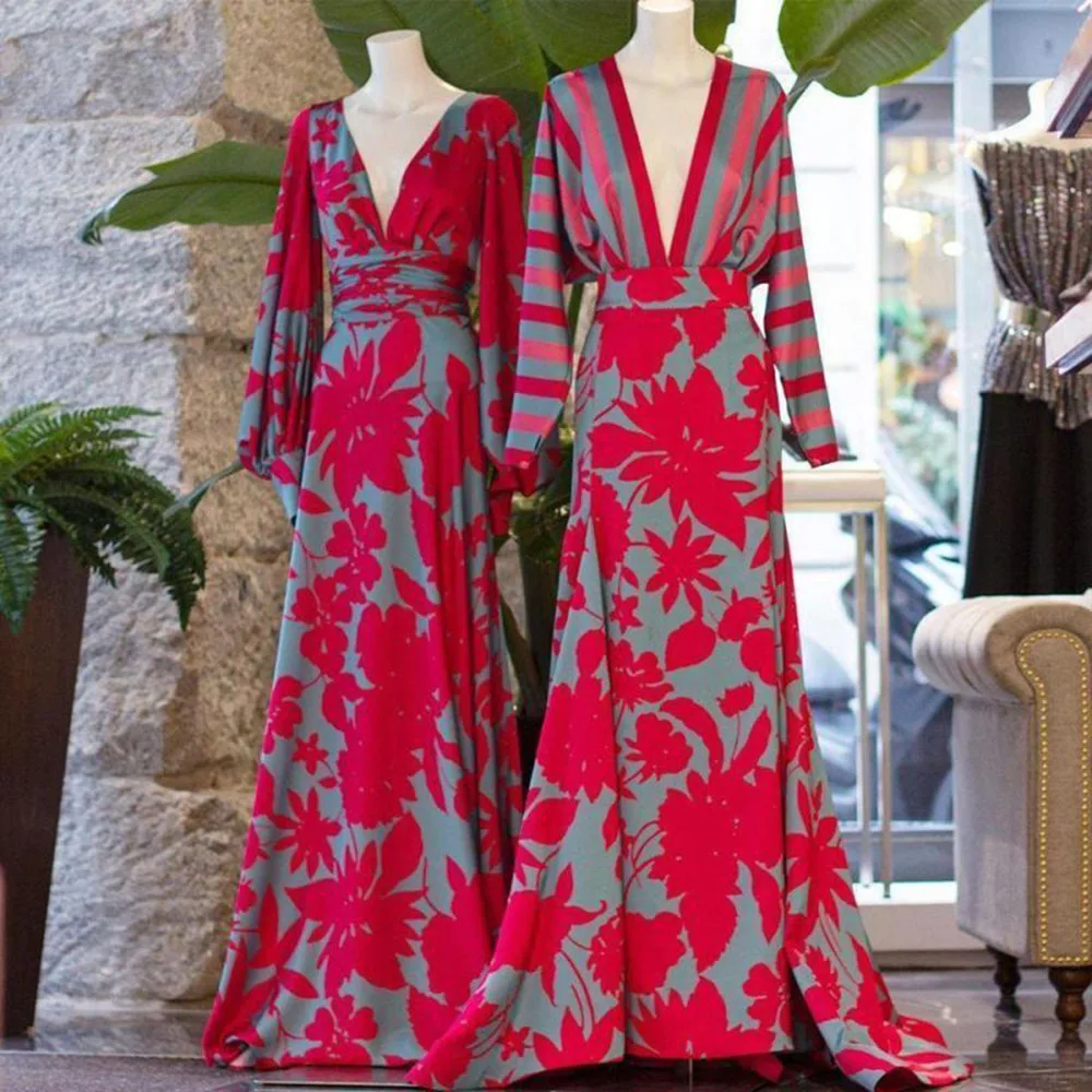 

2021 Spring Summer New V-neck High Waist Printing Lantern Sleeve Long Women's Dress Romantic Red Rose Fashion Temperament