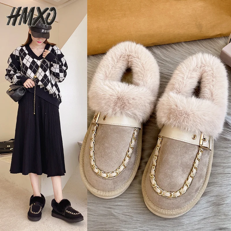 

HMXO Cotton Shoes Winter New Thick-soled Peas Shoes Lazy Plus Velvet Snow Boots Warm Cotton Shoes Women Confinement Cotton Shoes