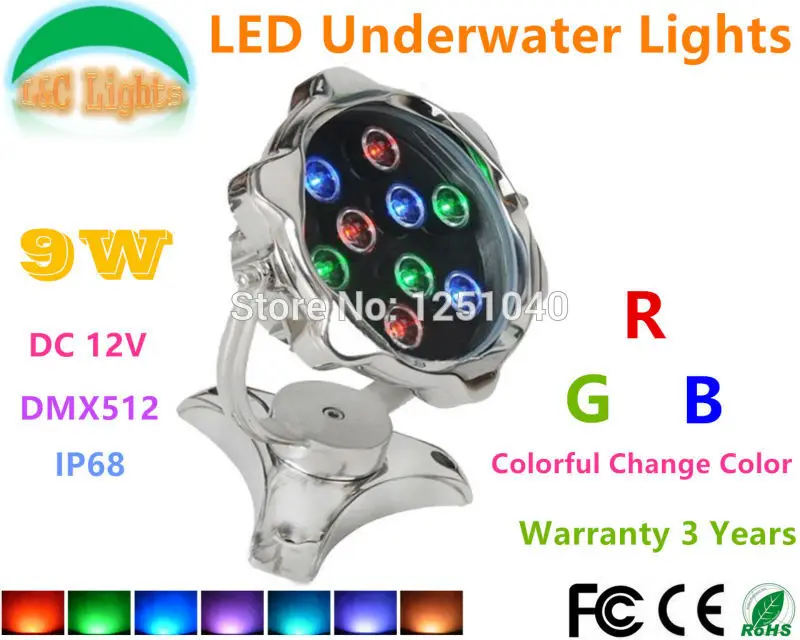 

304 stainless steel 9W RGB Colorful LED Underwater Light 12V IP68 Waterproof Fountains Lamp DMX512 2 cable Swimming Pool Lights