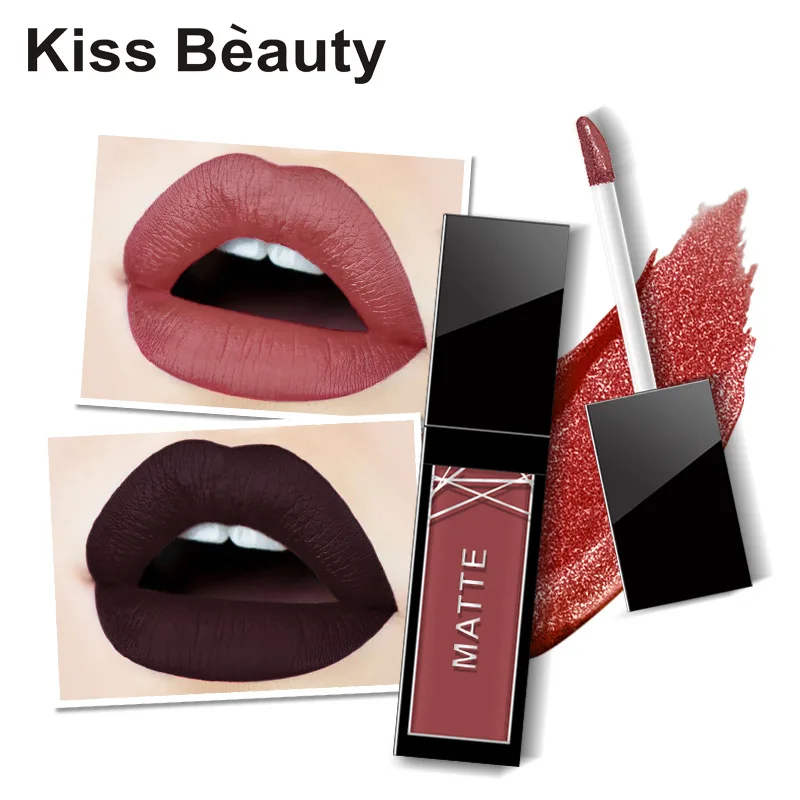 Матовая помада Kiss Beauty одноцветная темно розовая блестящая увлажняющий