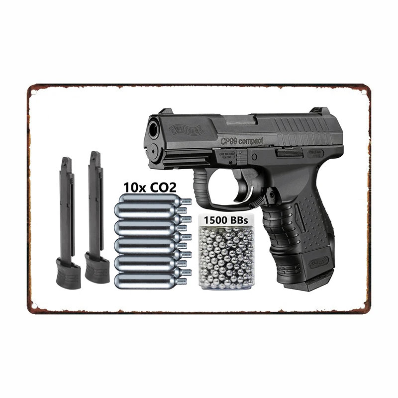 

Gun Shop Decor Umarex Walther CP99 Compact Blowback CO2.177 Cal BB Gun Air Pistol - 345 FPS Metal Sign Wall art Tin Plate Plaque