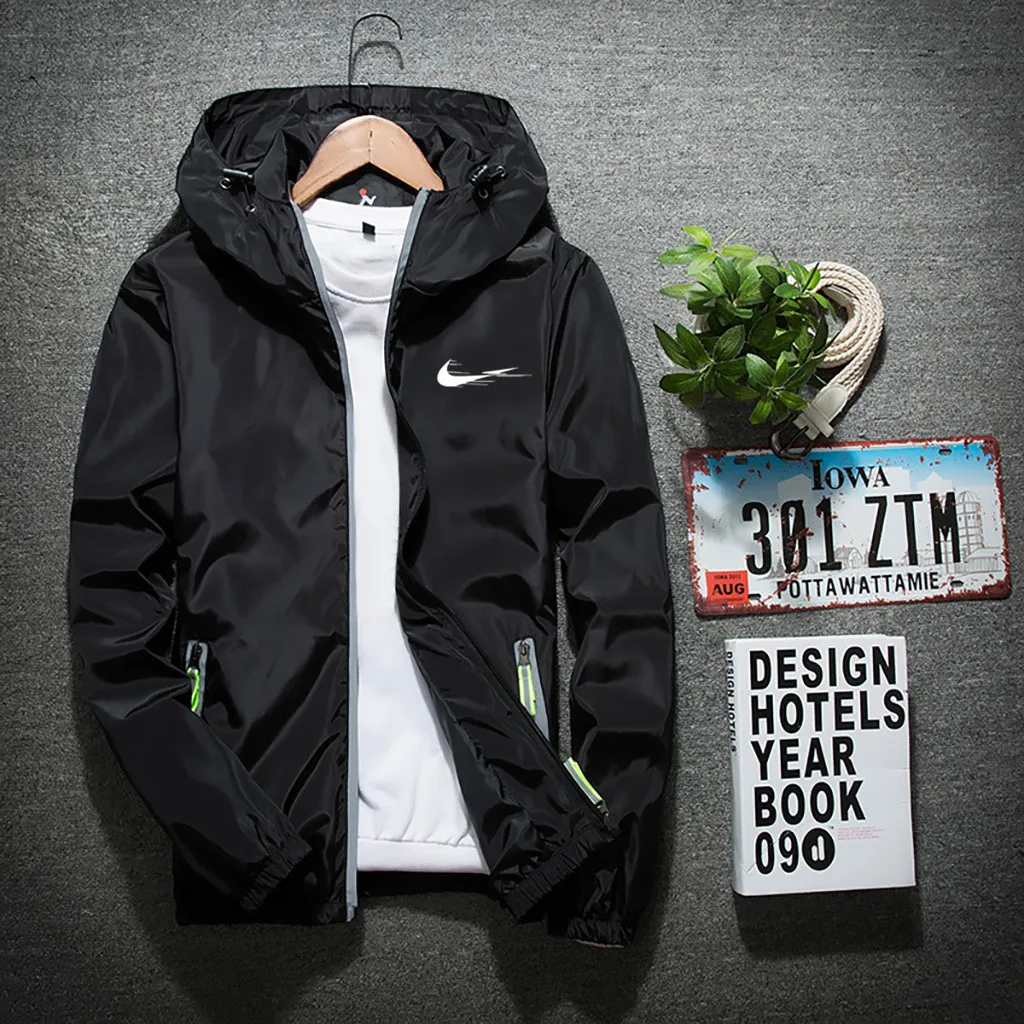 

Men's jacket spring and autumn leisure baseball bomber jacket windbreaker reflective zipper thin hooded jacket men's large 7XL