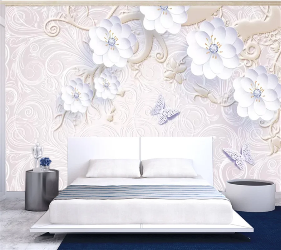 wellyu Customized large mural romantic warm embossed white flower diamond TV living room background wall mural wallpaper