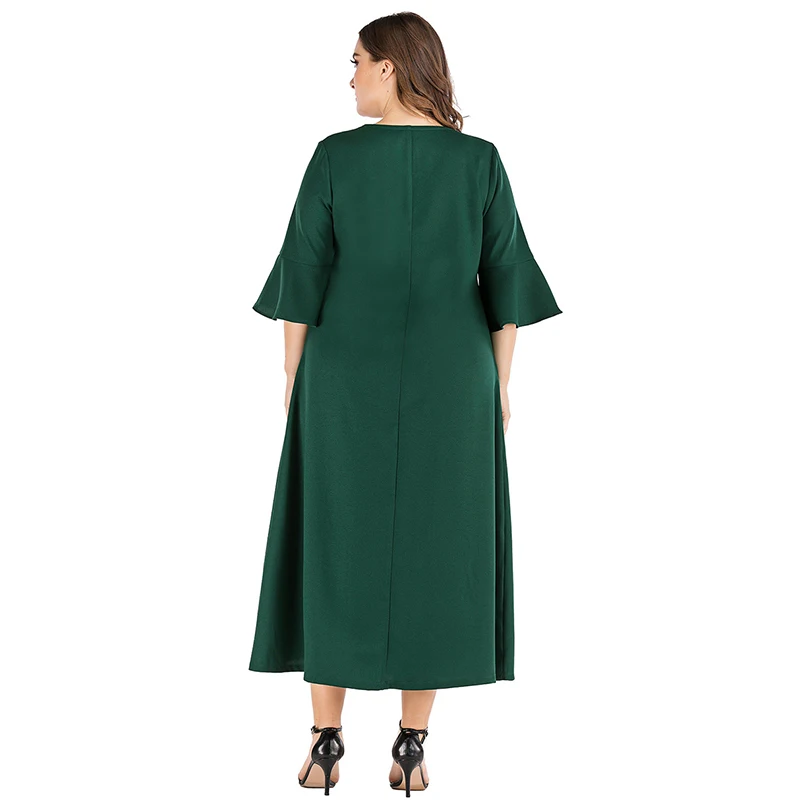 Женское этническое платье с вышивкой элегантное зеленое трапеция размера плюс