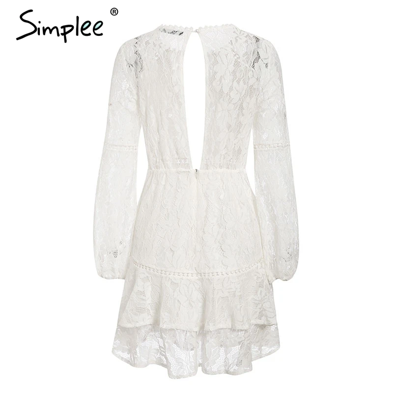 Simplee Elegant lace transparent dress Puff sleeve floral long sleeve white dress High waist ruffle office lady autumn vestidos