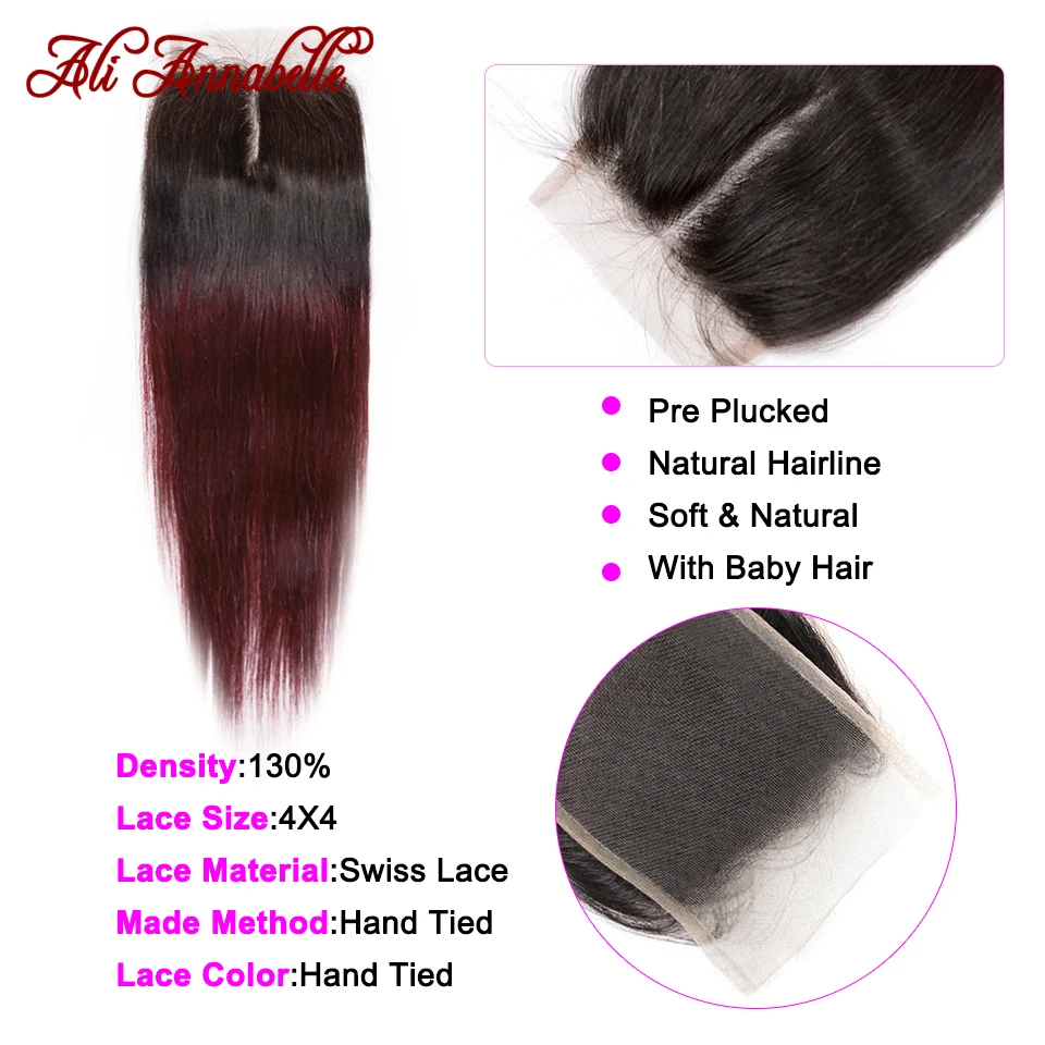 ALI ANNABELLE HAIR 1b/99j пучки человеческих волос Ombre с застежкой бразильские прямые волосы