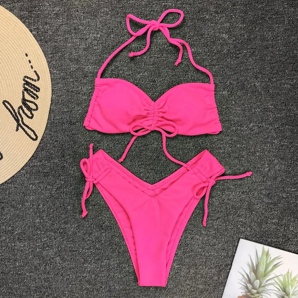 Одноцветный бюстгальтер пуш-ап с подкладкой пляжный комплект бикини бандаж