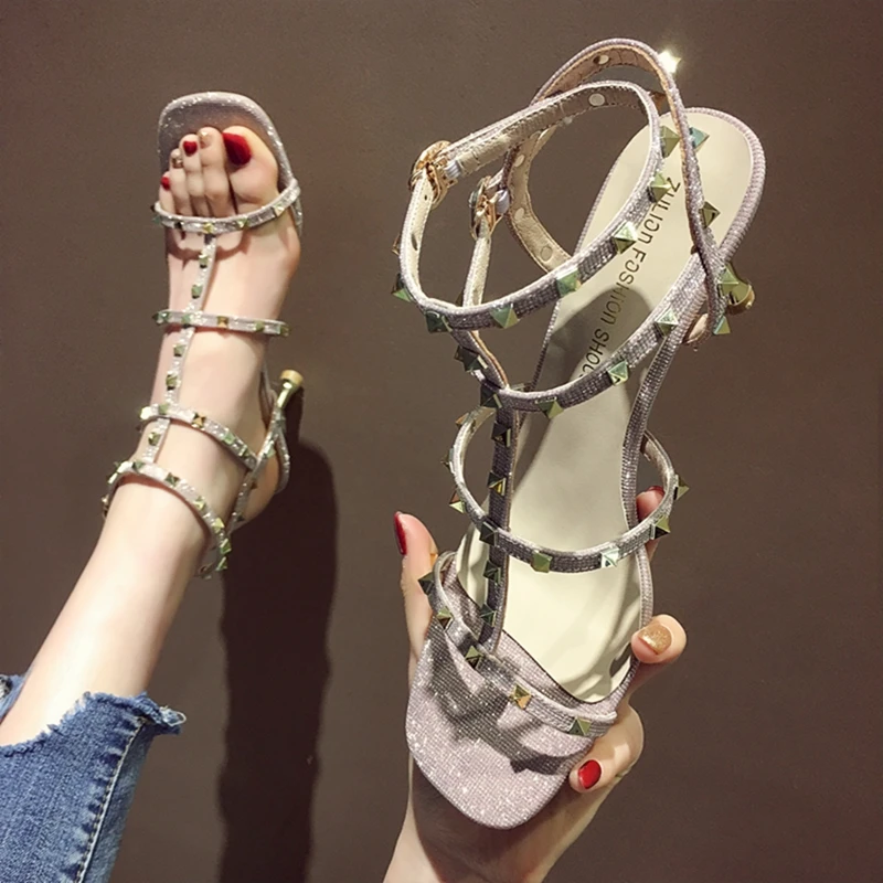 

ELLALEE Women Sexy Fashion Rivet Solid Buckle Bling Shiny High Thin Heels Office Ladies Mature Summer Square Open Toe Shoes