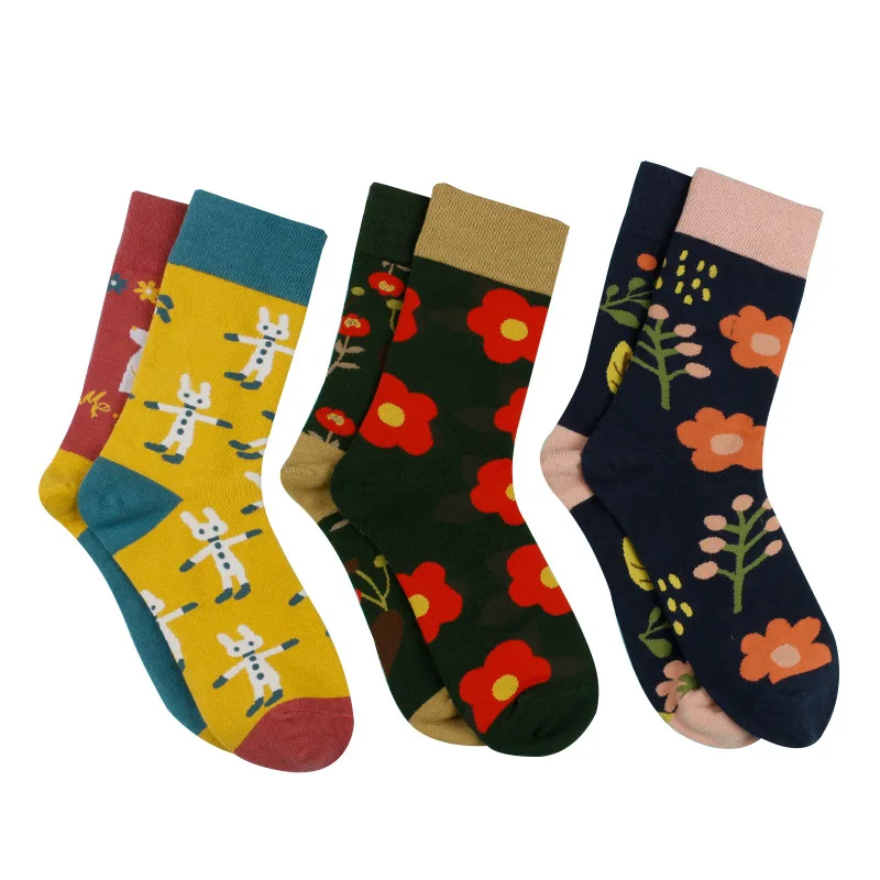 Spring and Autumn New Ladies Long Tube Socks Flowers Cartoon Tide Socks Asymmetric Socks AB Socks Letter Bear  Compression Socks