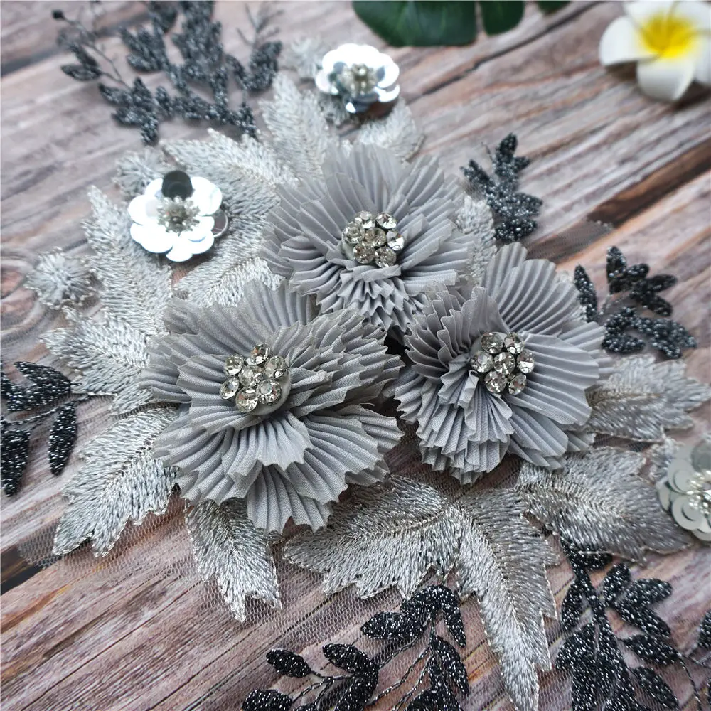 Серые 3D Цветы Стразы кружевная ткань вышитая искусственная отделка воротник