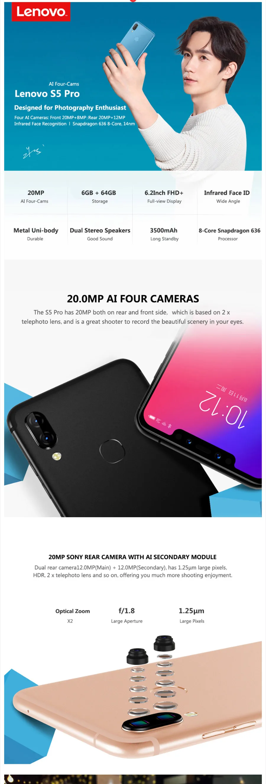 Глобальная версия lenovo S5 Pro 6GB 64GB 6,2 ''смартфон с зазубривающимся экраном 4 камеры 3500mAh Восьмиядерный 4G LTE разблокированный мобильный телефон
