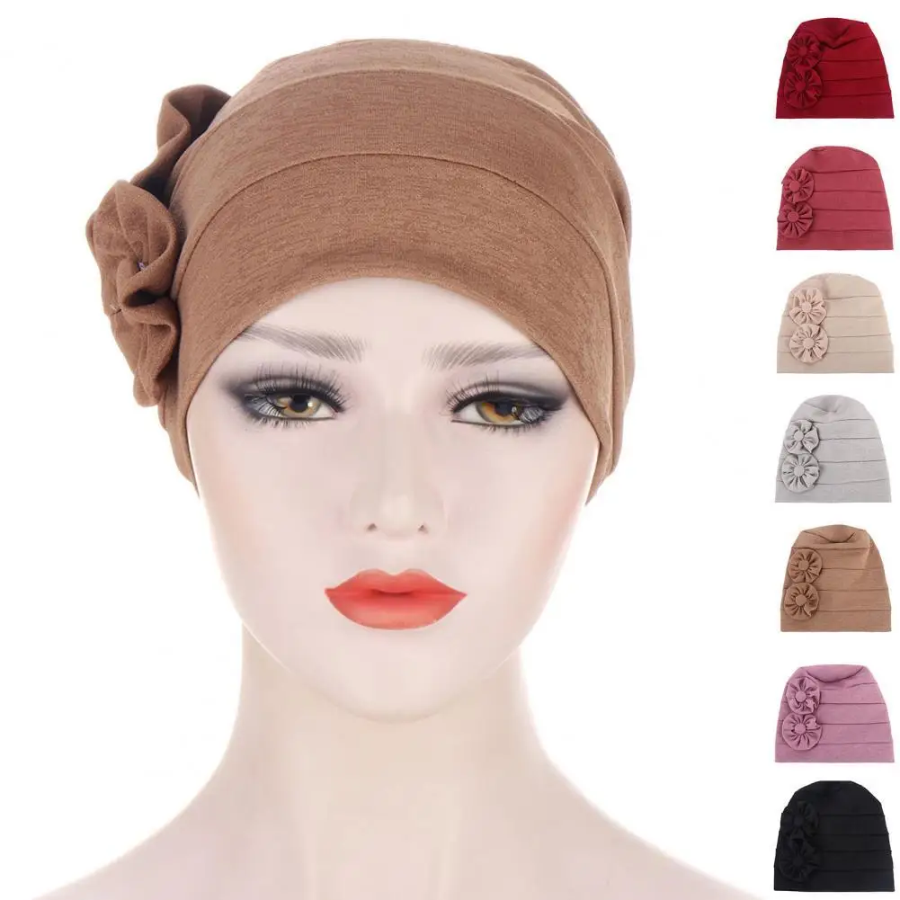 

Casual Women Beanie Solid ColorSkin-friendly Breathable Flowers Soft Elastic Linen Blend Head Wrap Hat for Daily Life