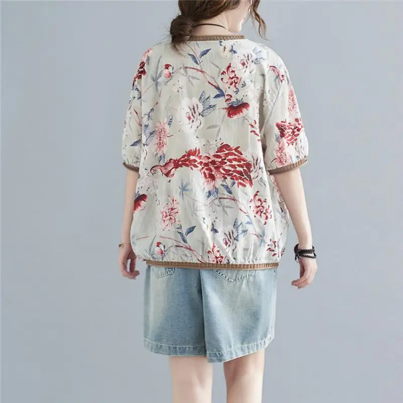 

Plus Size Floral Print Summer T Shirt Women Cotton Linen Tops T-shirt Loose Casual Top Korean Woman Tshirt Tee Shirt Femme 2021