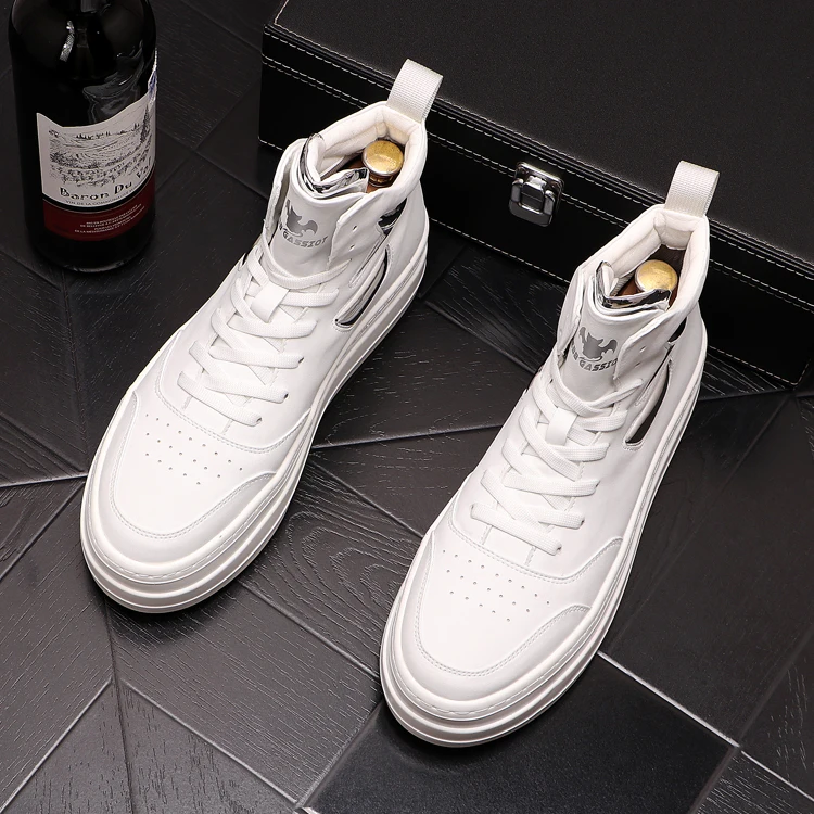 Beli Sepatu Top Tinggi Pria Sepatu Kasual Kulit Putih Sepatu Bot Pergelangan Kaki Hip Hop Sneakers Mewah Desain Punk Zapatillas Hombre