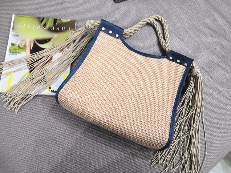

Women High Quality Braid Woven Straw Rattan Touch Handbag Lady Genuine Leather Navy Style High Street Hemp Rope Handle Tote Bag