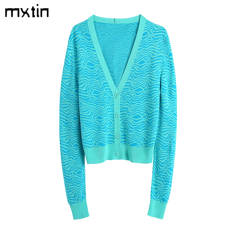 

Женская Весенняя винтажная жаккардовая однобортная трикотажная куртка MXTIN 2021, модная верхняя одежда с V-образным вырезом и длинным рукавом, ...