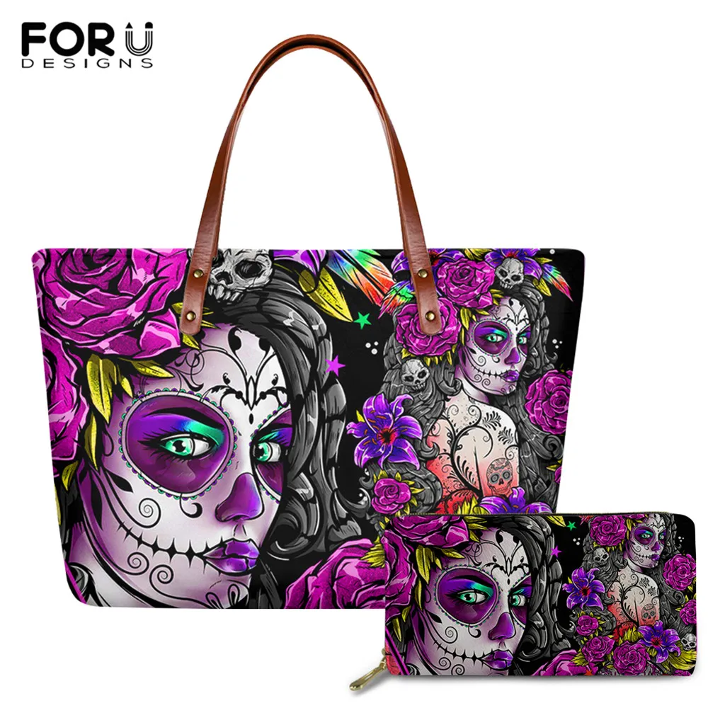 

FORUDESIGNS горячая Распродажа Sugar Skull Girl and Rose печатные большие мягкие сумки и длинный кошелек 2 набора для девушек вместительные сумки-тоут Новин...