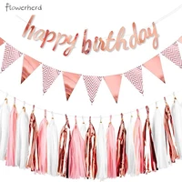 rose gold happy birthday party decoration set pennant flag banner 15pcs pink white rose gold tassels garland party decoration