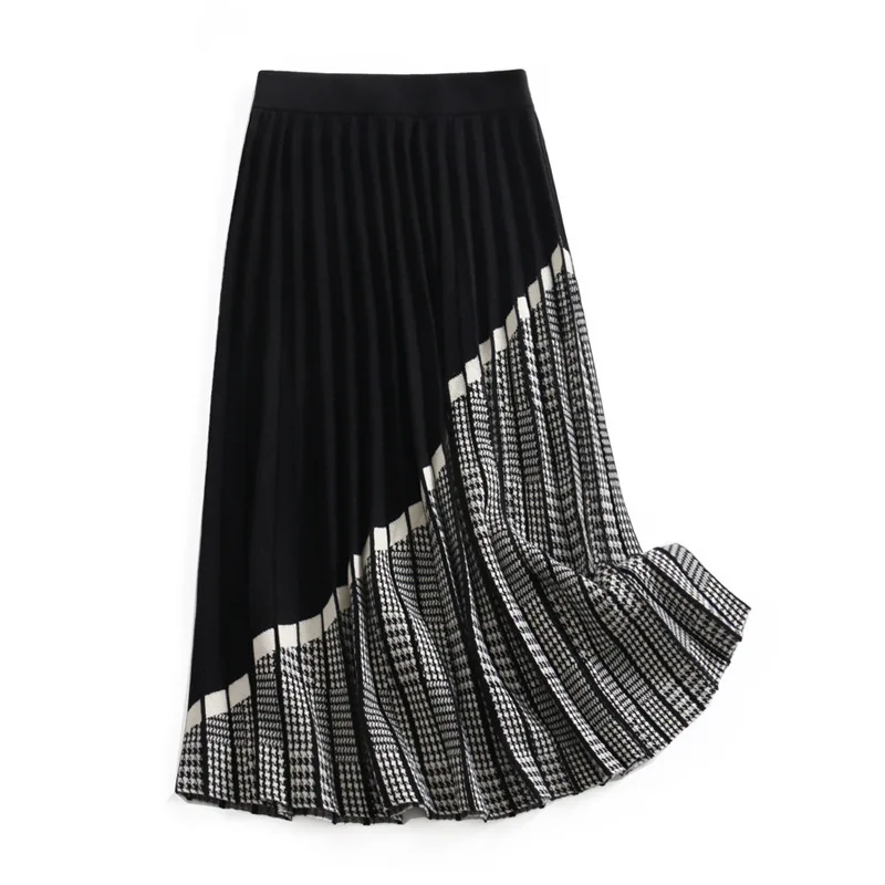 2020 плиссированные юбки с высокой талией вязаная юбка женская зимняя плотная длинная юбка шикарная трапециевидная полосатая плиссированна... от AliExpress RU&CIS NEW