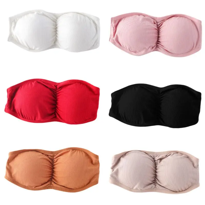 Womens Sexy Strapless Ruched Push Up Bra Padded Hollow Out Backless Wireless Underwear Bandeau Thread Ribbed Adjustable Bralette