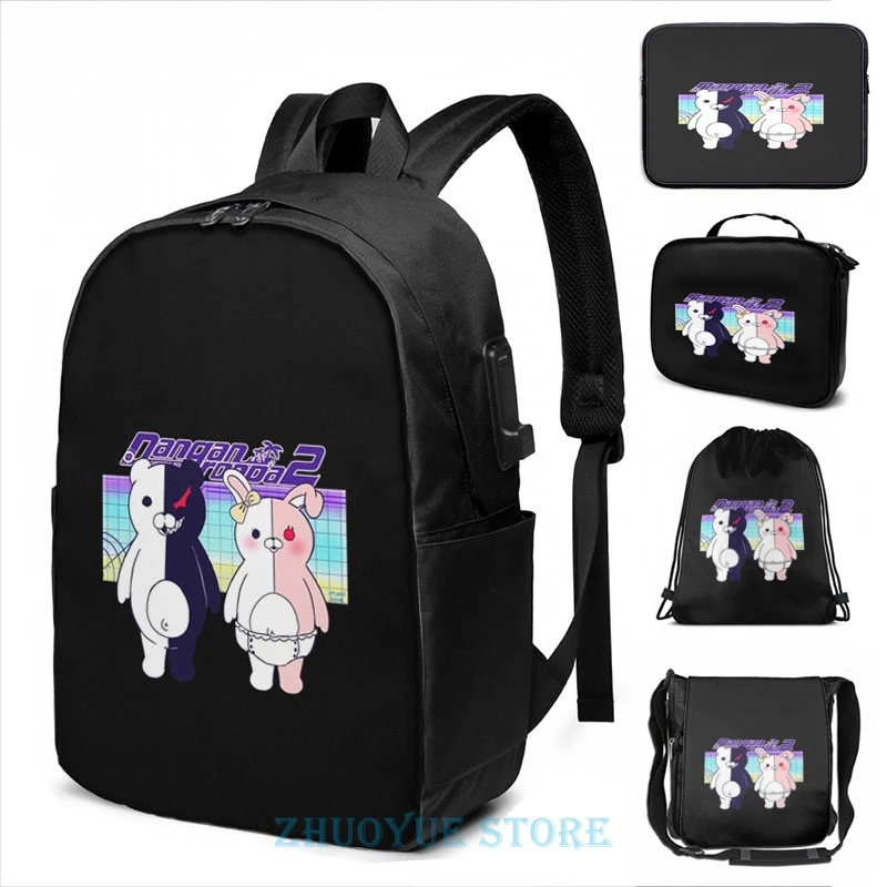 Monokuma и Monomi (Danganronpa v2) Графический Рюкзак с USB зарядкой мужские школьные сумки
