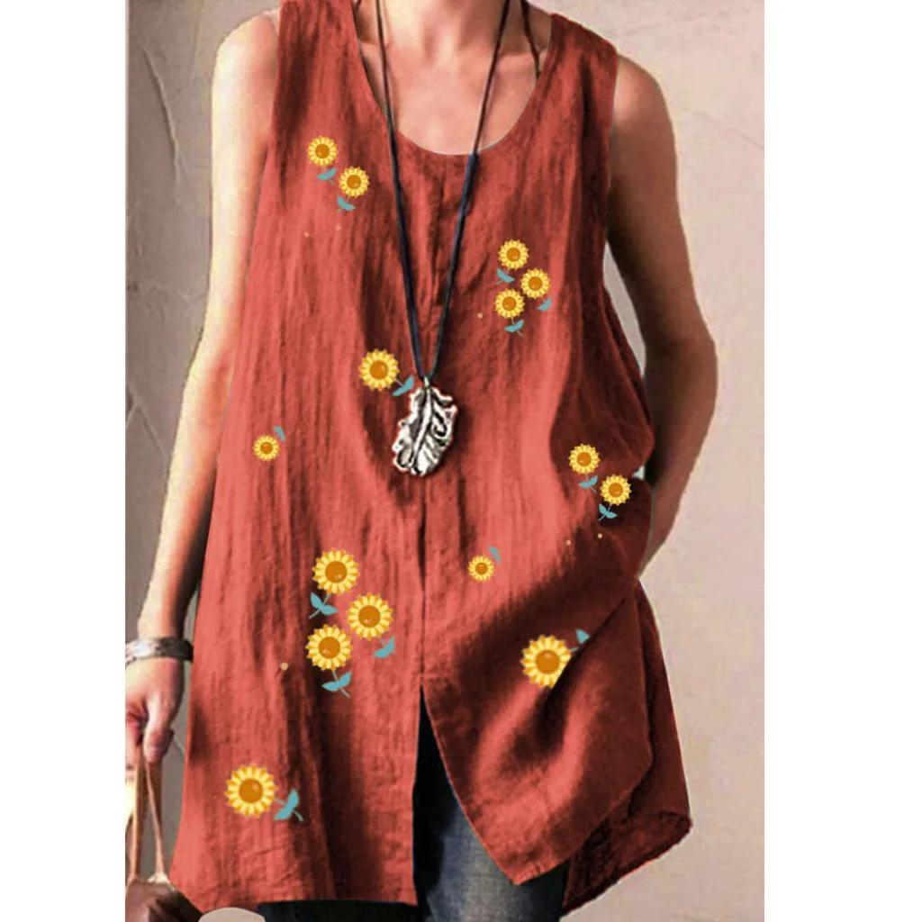 

FREE OSTRICH Plus Size Tops Women Casual Loose Sleeveless Floral Vest Summer Female Casual 0-Neck Blouse Top Plus Size