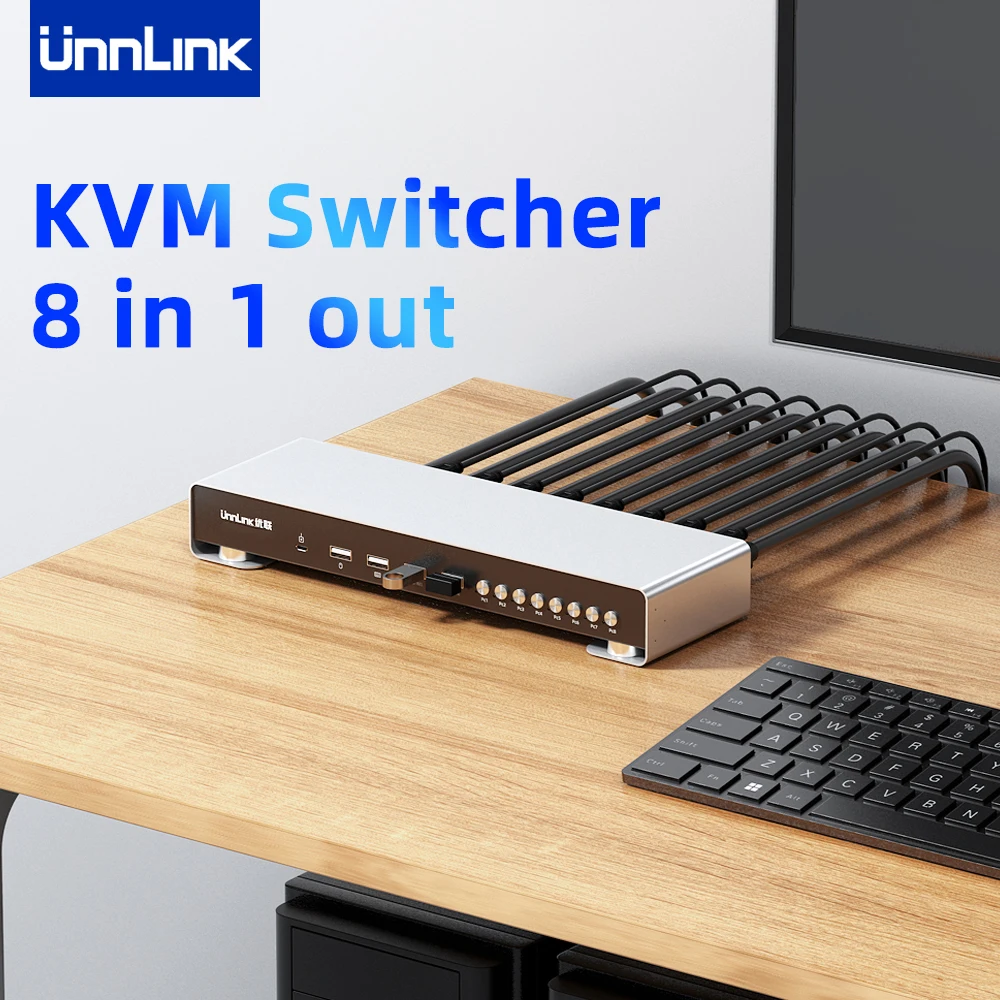 Unnlink KVM Switch HDMI-compatible 4K 30Hz 8 PCs Host Share 1 PC Monitor 4 PCs USB Mouse Keyboard Pinter 8pcs Printer Cable Gift