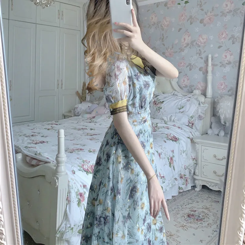 

Women Print Dress Peter Pan Collar A-Line Mid-Calf Puff Sleeve Summer New French Slim Woman Vestidos