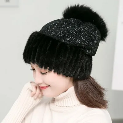 glossy black Glaforny Женская однотонная норковая меховая шапка зимняя Корейская версия вязанная шапка Милая Джокер норковая утолщенная шерстяная шапка - Цвет: glossy black